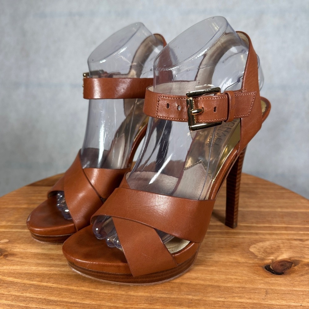 Michael Kors Platform Sandals Womens 8M Brown Good Leather Ankle Strap ST15A